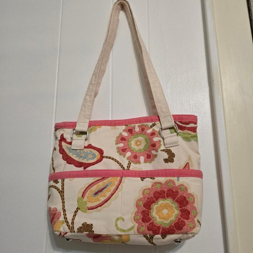 Fabric Floral-Print tote/shoulder bag/purse with pink & green accents over Beige